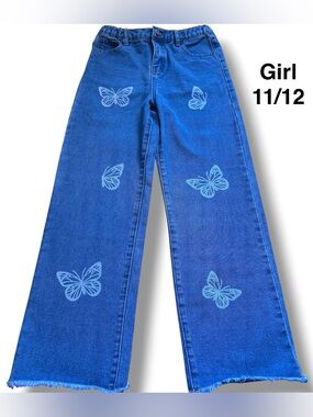 SHEIN Blue Girls' Wide-Leg Jeans with White Butterfly Prints Size 11-12